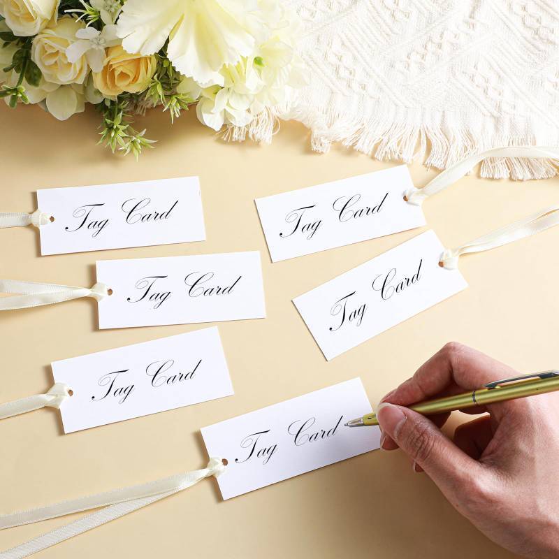 lot 37084 image: 50 Pcs Name Place Cards for Table Setting Wedding Place Cards Premium Hang Tags with String Blank Seat Card for Wedding Dinner Banquet Party Table Setting Supplies (Beige) - Retail $10