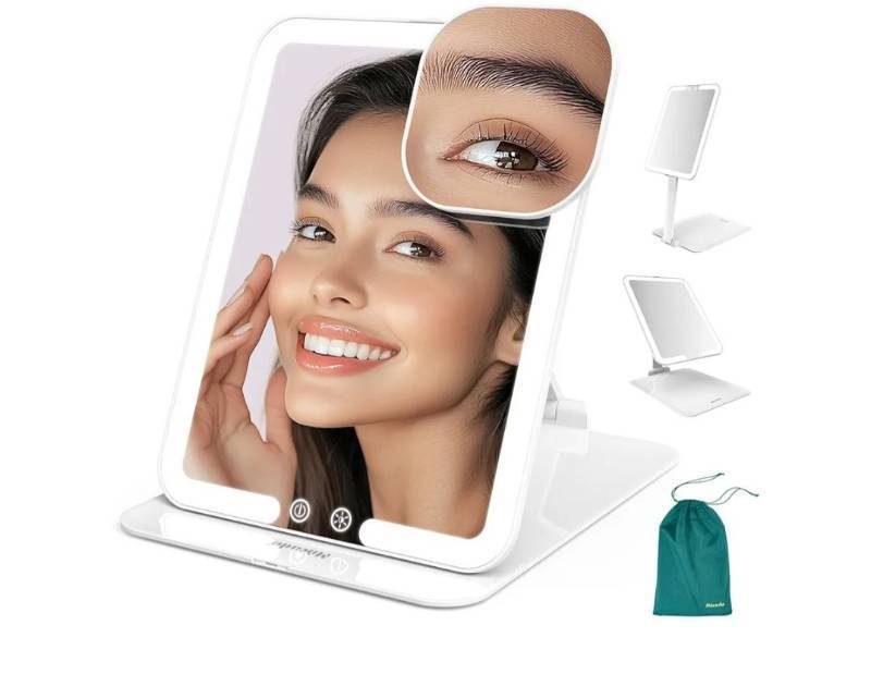 lot 37094 image: Travel Makeup Mirror with Light - 7x5 Inches Tripple Folding Travel Mirror with Light, 3 Colors Lighted Makeup Mirror, Portable Makeup Mirror, Freely Adjust Height and Angle(White) - Retail $22