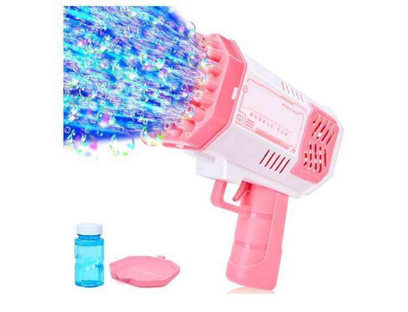 lot 37103 image: Sloosh Bubble Machine Toy for Kids, Rocket Shape Bubble Gun for Kids Ages 4-8, Gifts, Adults, Party Favors, Summer, Wedding, Easter (Blue and Yellow) - Retail $16