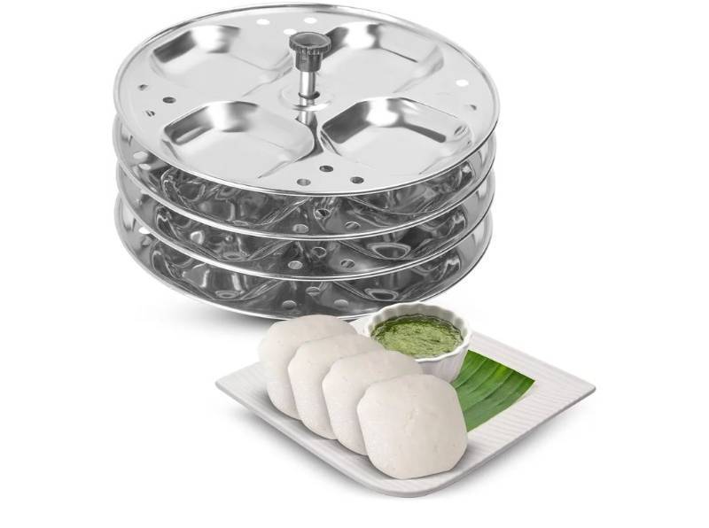 lot 37106 image: Stainless Steel Idli Stand  4-Plates Idli  Idli Preparation  Supreme Quality Food Grade Idli Stand  Makes 16 Idlis (Square Shape) - Retail $18