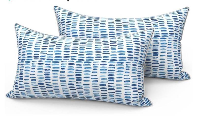 lot 37110 image: Set of 2 Outdoor Lumbar Pillows for Patio Furniture with White Piping, 12x20 Fade Resistant Patio Lumbar Pillows with Inserts for Home Coach Sofa Use, A Pebble Blue - Retail $43
