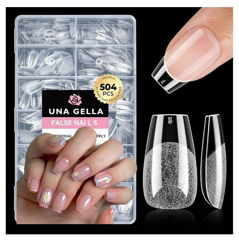 lot 37121 image: UNA GELLA Short Coffin Nails Tips, 504pcs No c Curve short Coffin Gel Press On Nails Pre Etched For Women Acrylic Nail Extension Full Cover Home Salon 12 Sizes - Retail $13