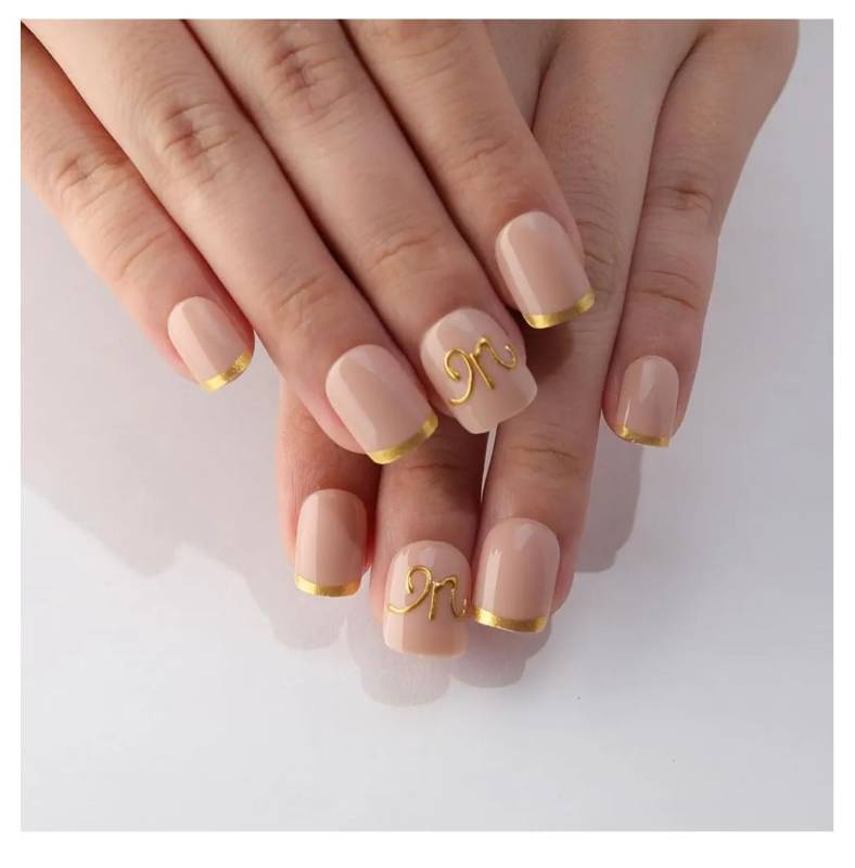 lot 37133 image: 3D Letter M Birthday Press On Nails, Gold French Tip Extra Short Square Reusable Soft Gel Fake Nails,Trendy Personalized Glossy Acrylic False Nails Personalized Gift for Women Birthday Party - Retail $8