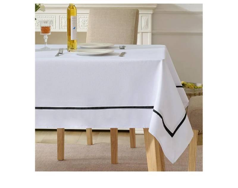 lot 37183 image: Heavy Duty Fabric Tablecloth with Black Border-WaterproofWrinkle FreeStain ResistantOil Proof-for Dining,Indoor&Outdoor,Wedding,Holiday,Rectangle 52x70Inch,White - Retail $23
