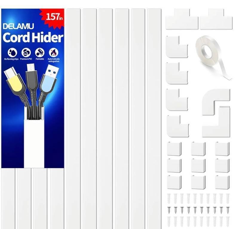 lot 37207 image: Cord Hider, 157in Wire Covers for Cords on Wall, Premium Cable Hider Cord Covers for Wires, Cable Management Wire Hiders for TV, Cable Raceway Kit, W0.95 H0.55in - Retail $13