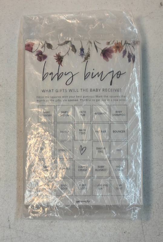 lot 72565 image: Baby Bingo, Fun Baby Shower Games for Girl (Count Unknown), Pre-Filled, Perforated Calling Cards, Gender Neutral (Wildflower) - Retail $13