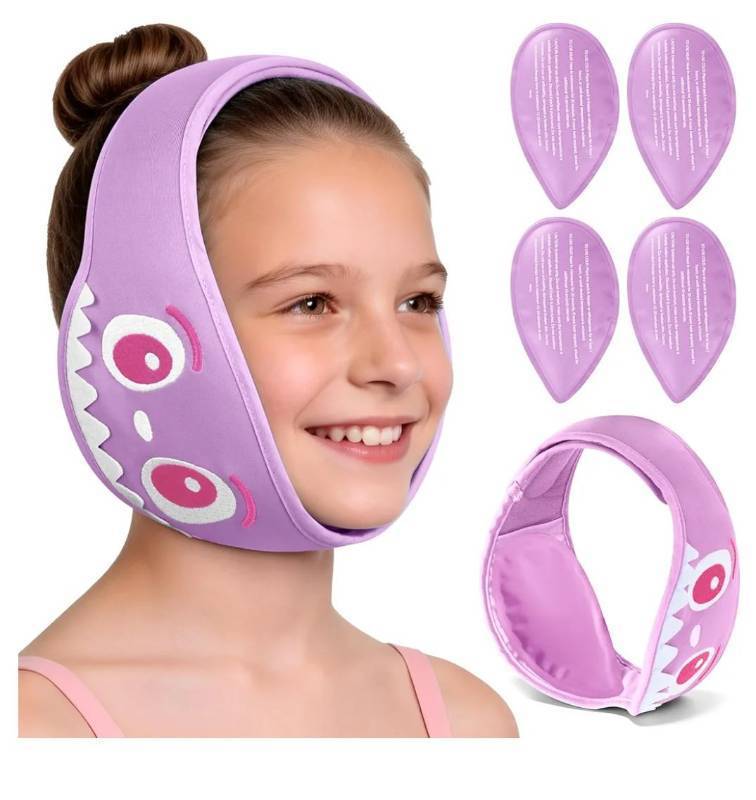 lot 57262 image: Kids Tonsil Recovery Ice Pack, Cute Wisdom Teeth Ice Pack Head Wrap with 4 Reusable Hot & Cold Gel Packs for Wisdom Teeth, Kid-Friendly Gel Ice Wrap for Post-Tonsil and Dental Recovery - Purple (missing pieces) - Retail $15