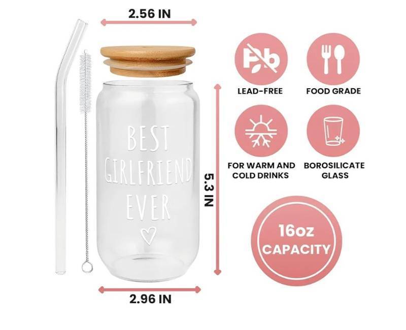 lot 57314 image: Gifts for Girlfriend - Girlfriend Gifts for Women - Anniversary, Valentines Day, Birthday, Christmas Gift for Her - Romantic Love Gift Ideas for Her - 16 Oz Can Glass with Lid, Straw & Brush - Retail $12