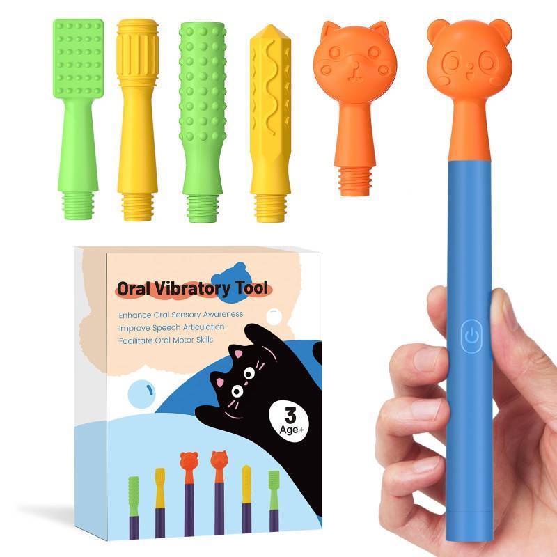 lot 57328 image: Oral Sensory Stimulation Kit with 6 Soft Textured Heads for Speech Therapy & Feeding Support, Muscle Strength & Phonation Improvement - Blue - Retail $28