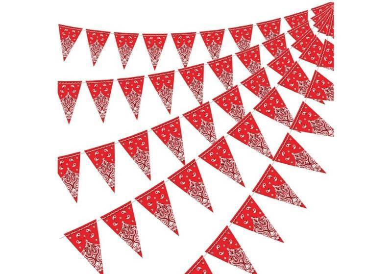 lot 57336 image: 5 Pack Western Cowboy Party Decorations Bandana Pennant Banner Wild West Decor Western Cowboy Themed Yee Haw Country Party Decoration Supplies 9.8 x 5 ft(Red Paisley) - Retail $15
