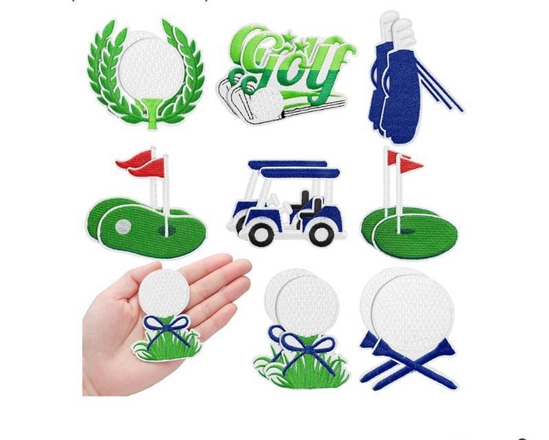 lot 57337 image: 16 Pcs Golf Iron on Patches Embroidered Golf Sports Iron on Patches Decorative Applique Sew on for Hats Clothes Jackets Jeans Dress Backpacks Bags DIY Accessory Crafts(Blue and Green) - Retail $8