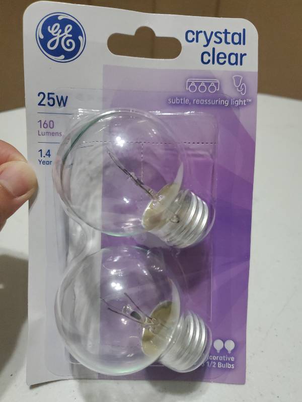 lot 57371 image: GE Incandescent 25-Watt Light Bulbs  Crystal Clear Decorative Mini Globe  G16.5  E26 Medium Base  1-Year Life  2pk - Retail $7