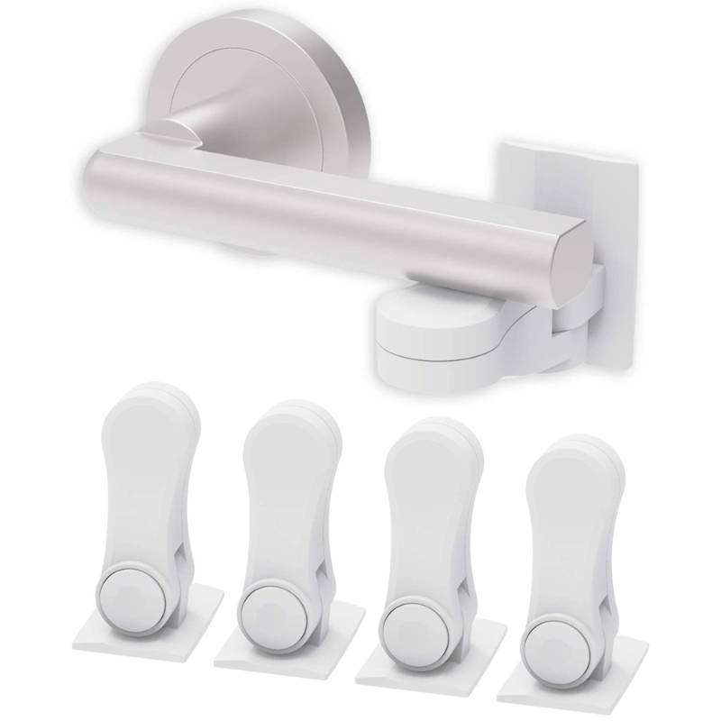 lot 57373 image: Child Proof Door Lever Lock (4-Pack) - Door Handle Lock - 3M Adhesive - Minimalist Design - No Drilling Child Safety Door Handle Locks - Retail $17