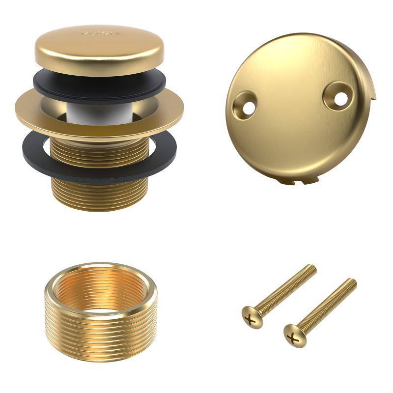 lot 57375 image: All Metal Tip-Toe Bathtub Drain Kit with Two-Hole Overflow Faceplate and Universal FineCoarse Thread Assembly, Bath Tub Drain Kit fits All Bathtub -Brushed Gold (missing pieces) - Retail $26