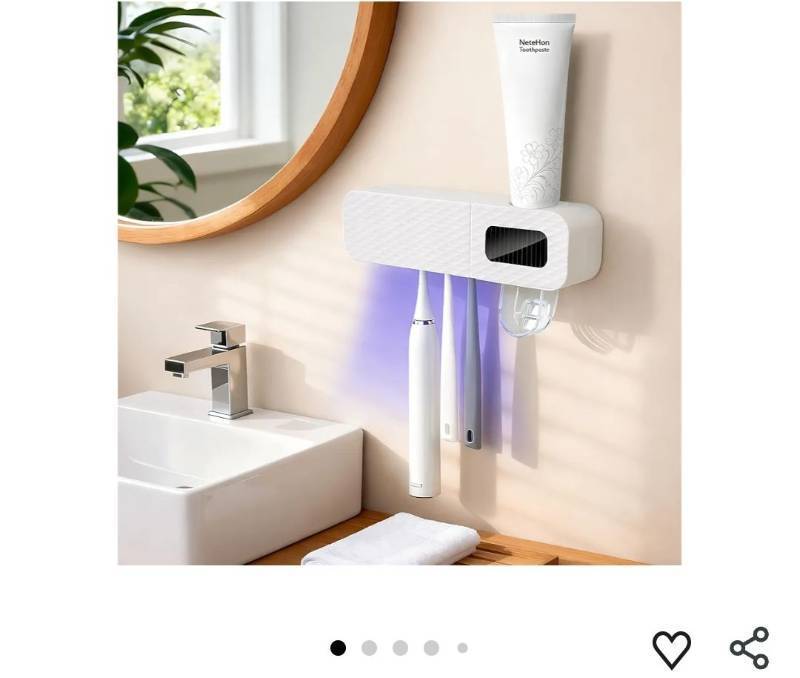 lot 57091 image: Smart Wall-Mounted Toothbrush Holder for Bathroom WhiteToothbrush Storage Organizer with 3 Slots Toothbrush Holders with Toothpaste Dispenser for Drying Function (black) - Retail $12