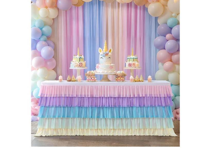 lot 57387 image: Pastel Rainbow Table Skirt Ruffle Party Tablecloth for Rectangle Table 6ft Birthday Party Baby Shower - Retail $15