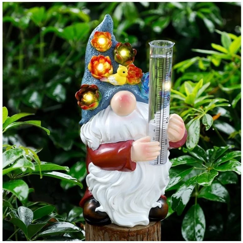 lot 57502 image: Resin Gnome Solar Rain Gauges, Resin Garden Gnome Statue with a Plastic Rain Gauge, Hand Painted Gnome Sculpture Water Gauge for Rain MISSING RAIN GAUGE. - Retail $22