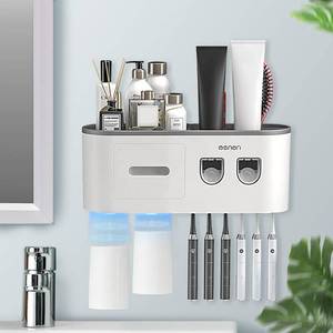 lot 57766 image: Toothbrush Holders for Bathrooms Wall Mounted, 6 Slot Toothbrush Holder with 2 Automatic Toothpaste Dispensers, 2 Magnetic Cups, Large Capacity Bathroom Organizer, Wall Storage with Drawer - Retail $23