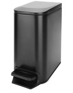lot 57774 image: Small Bathroom Trash Can with Lid Soft Close, Step Pedal, 6 Liter  1.6 Gallon Stainless Steel Garbage Can with Removable Inner Bucket, Anti-Fingerprint Finish (Matt Black). DENTED ON SIDE SEE PHOTO. - Retail $27