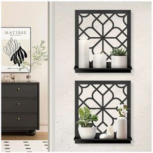 lot 57777 image: Black Metal Wall Candle Holder Set of 2, Square Rustic Farmhouse Bathroom Wall Decor, Modern Boho Aesthetics Line Art for Entryway, Hallway, Living Room, Bedroom (11.8 x 13 in) - Retail $36