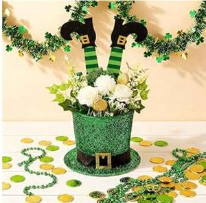lot 57782 image: St. Patricks Day Hat Flower Pot Set Irish Green Leprechaun Top Hat Shape Buckle Flower Arrangement Container Simulated Bouquet with Shamrock  - Retail $33