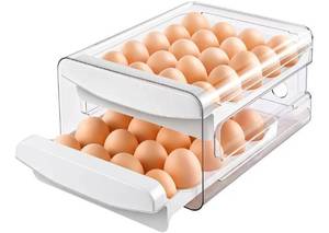 lot 57785 image: Egg Holder for Fridge, 2-Tier Stackable 40 Eggs Organizer Drawer for Refrigerator, Space-Saving Egg Container, Clear Plastic Egg Tray for Kitchen Storage - Retail $20