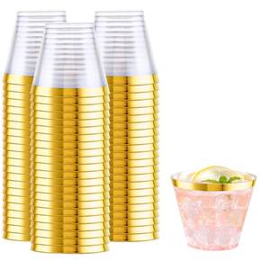 lot 57790 image: 200 PCS Gold Plastic Cups,9 oz Clear Plastic Cups, Disposable Wine Glasses,Plastic Cocktail Glasses for Party and Wedding - Retail $28