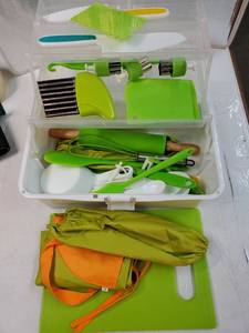 lot 57798 image: Montessori Kitchen Toys for Toddlers-Kids Cooking Sets Real-Toddler Toys Set for Real Cooking with Plastic Children Safe Knives Crinkle Cutter Kids Cutting Board - Retail $20