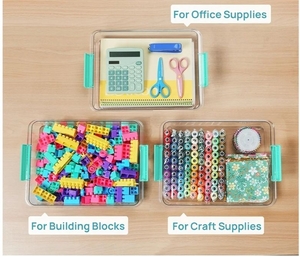 lot 57799 image: 6 Qt Plastic Storage Bins with Lids, Clear Sensory Bins, Arts Crafts Organizers and Storage, Stackable Containers for Home Office and School Supplies, 3 Pack, 4 Lids, Visible Use. - Retail $20