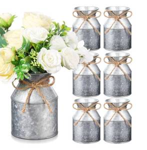 lot 57800 image: 6 Pcs Farmhouse Metal Flower Vase Wedding Decor Bulk Rustic Galvanized Milk Can Jug Vase with Bow Flower Bucket for Table Centerpiece Valentine Home (5.12 Inch - Retail $33