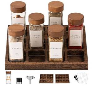 lot 57803 image: Glass Spice Jars with Labels 24pc 4oz Square Seasoning Containers and 2pc Rack with Airtight Wood lid, Pepper Grinder, Funnel Empty Spice Organizer Bottles for Kitchen Drawer Cabinet - Retail $45
