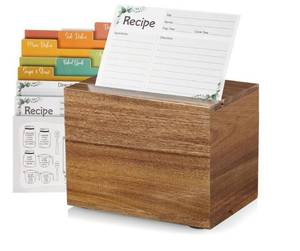 lot 57807 image: Recipe Box, Acacia Recipe Organizer, Recipe Holder Box with 100 Recipe Cards - Retail $22