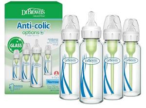 lot 57808 image: Dr. Browns Anti-Colic Options Narrow Glass Baby Bottle with Level 1 Slow Flow Nipple, BPA-Free, 8 oz250 mL, 0m, 4-Pack - Retail $29