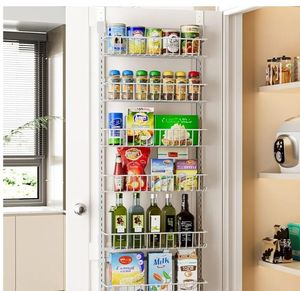 lot 57809 image: Adjustable Cabinet Door Organizer, 6-Tier Hanging Spice Rack Organizer, Metal Over the Door Pantry Organizer, Pantry Organizers and Storage Shelves for Kitchen Bathroom Laundry Room, White - Retail $40