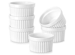 lot 57812 image: 10 oz Oven Safe, Porcelain Creme Brulee Ramekins Pudding Custard Cups Large Ceramic Souffle Dishes Ramakan Ramiken Ramicans Baking Bowls Set of 6, White - Retail $25