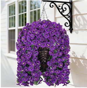 lot 57814 image: Artificial Faux Hanging Flowers Plants Basket for Outdoor Outside Porch Decoration, UV Resistant Fake Silk Purple Morning Glory Trailing Vines Realistic for Summer Home Balcony Yard Patio - Retail $32