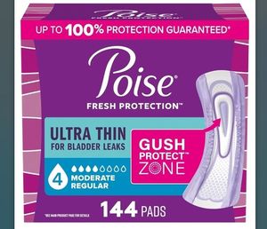 lot 57815 image: Poise Ultra Thin Incontinence & Postpartum Pads for Bladder Leaks, 4 Drop Moderate Absorbency, Regular Length, 144 Count (Packaging May Vary) - Retail $36