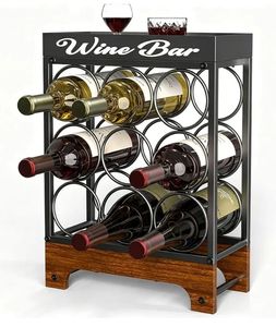 lot 57817 image: 9 Bottles Wine Racks Countertop Freestanding with Top Tray, Modern Black Metal &Wood, 3 Tier Tabletop Wine Holder Stand for Home Kitchen Bar, Cabinet, Pantry, Wine Bottle Storage - Retail $30