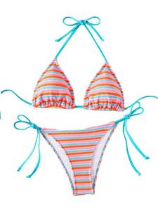 lot 2243 image: SHENHE Womens 2 Piece Swimsuit Floral Print Halter Tie Side Triangle Bikini Set Blue Pink Orange Stripped Small