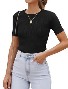 lot 2245 image: ZESICA Womens Short Sleeve Sweater Tops 2025 Summer Crewneck T Shirt Ribbed Knit Slim Fit Basic Solid Color Tee,Black,Large