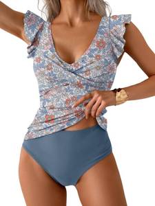 lot 2289 image: Aidonger Tankini Swimsuit for Women Tummy Control Two Piece Bathing Suit Ruched Ruffle Swimwear Top with Bottom Blue Print XL