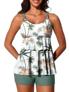 lot 2293 image: Summer Mae Womens Tankini Swimsuits with Shorts Ruffled Tummy Control Bathing Suits Modest 2025 Swimwear Flowing Ripples Size 10
