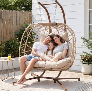 Double Swing Egg Chair with Stand, Extra Large 2 Person Indoor Outdoor Wicker Loveseat, Oversized Patio Hanging Basket Chair with Cushions, Cozy Sturdy Porch Swing for Backyard Balcony, Beige
