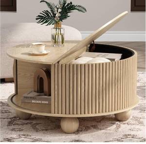 Round Coffee Table with Storage, 31.5" Natural Oak Fluted Drum Center Table,  Wood Circle Table with Sliding Door