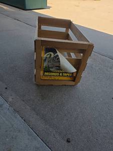lot 34 image: Wooden Vinyl Record Storage Crate with Records & Tapes Signage