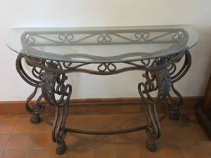 lot 105 image: Wrought Iron Demilune Console Table with Beveled Glass Top (Matches lots 106, 107, 108)