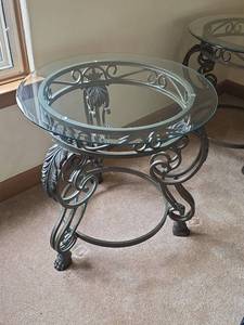 lot 106 image: Round Beveled Glass Top Wrought Iron End Table with Acanthus Leaf and Claw Foot Detail (matches lots 105, 107, 108)