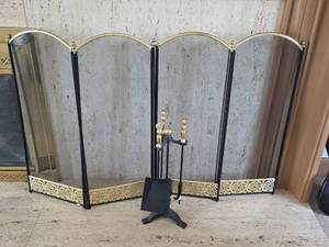 lot 120 image: 4-Panel Brass and Black Fireplace Screen with Tool Set