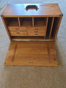 lot 121 image: Wooden Portable Artist Supply Box with Drawers and Drop-Front Writing Surface