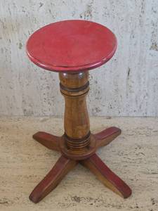 lot 122 image: Wood Pedestal Stool with Red Painted Seat (seat needs reattached to base)